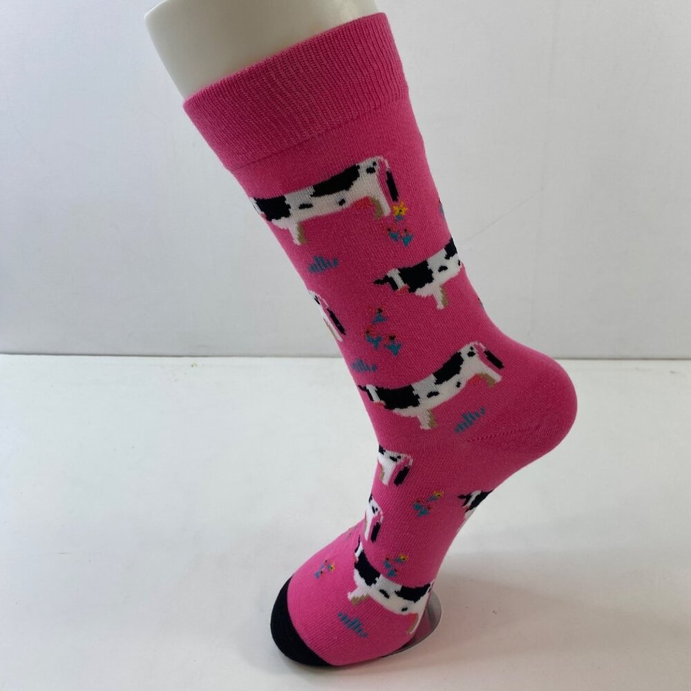 Womens Crew Socks Set 1 Cow Grass Print Pink Black White